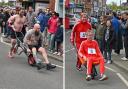 Revellers take part in a wheelbarrow race in Pinner for St George' Day