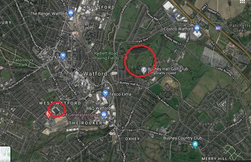 This map shows the locations of Bushey Hall Golf Club and Watfords current home, Vicarage Road. Credit: Google Maps
