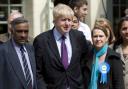 Kanti Patel, left, with Boris Johnson and Dr Rachel Joyce, Tory candidate for Harrow West.
