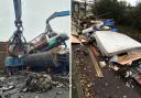 (Left) The truck is crushed and (right) the fly-tip outside Newfield Primary School. Photos: Brent Council