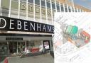 The former Debenhams and a sketch of the proposed hub