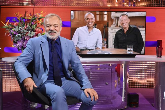 Graham Norton interviews Bruce Springsteen and President Barack Obama via video link, during the filming for the Graham Norton Show. Credit: PA