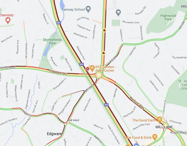 Harrow Times: Heavy traffic at Apex Corner. Also shown is heavy traffic on the M1 south towards Staples Corner, which has been caused by today's A406 collision. Credit: Google Maps