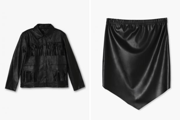 Harrow Times: (Left) Fringe Faux Leather Jacket and (right) Pointed Hem PU Mini Skirt in black (Boohoo/Canva)