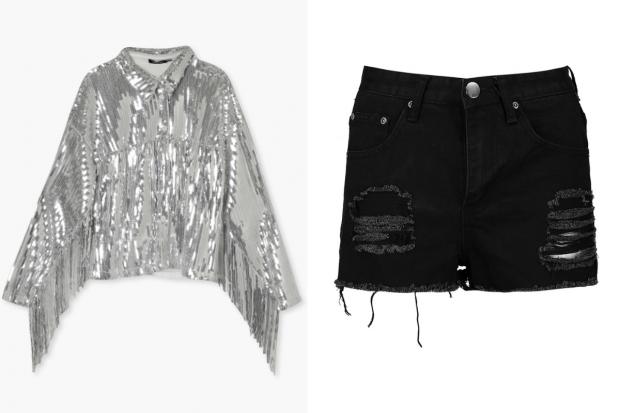 Harrow Times: (Left) Sequin Fringe Detail Shirt and (right) Petite High Rise Distressed Denim Shorts (Boohoo/Canva)