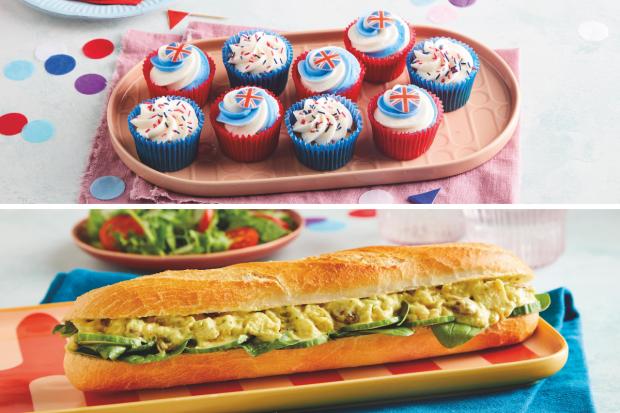 Harrow Times: (Top) Jubilee Cupcake Platter (bottom) Coronation Chicken Baguette (Morrisons/Canva)