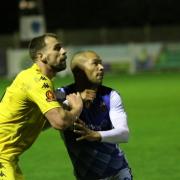 Ross Lafayette tussles with Eastleigh Picture: Jon Taffel
