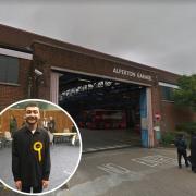 Cllr Anton Georgiou (inset) has called for a review of a development at Alperton Bus Garage (Photo: Google Maps/Newsquest)