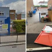 Pictured left is Stag Lane Primary School and right is the door that fell at the school. Credit: Google Maps/Cristian Silaghi