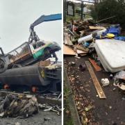 (Left) The truck is crushed and (right) the fly-tip outside Newfield Primary School. Photos: Brent Council