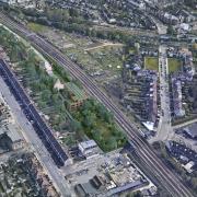 An aerial CGI for plans of new Pinner homes by the Metropolitan line