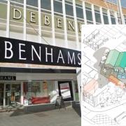 The former Debenhams and a sketch of the proposed hub