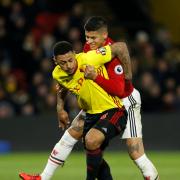 Marcos Rojo earned a booking for this foul on Andre Gray - but didn't see a second yellow later in the game. Picture: Action Images