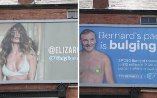 Eliza Rose Watson's advert (left) was replaced with a billboard showing Bernard Looney, Chief Executive of BP, topless after earning £10 million.