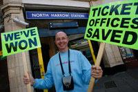 James Bond, ticket office master at North Harrow tube station, celebrates the news